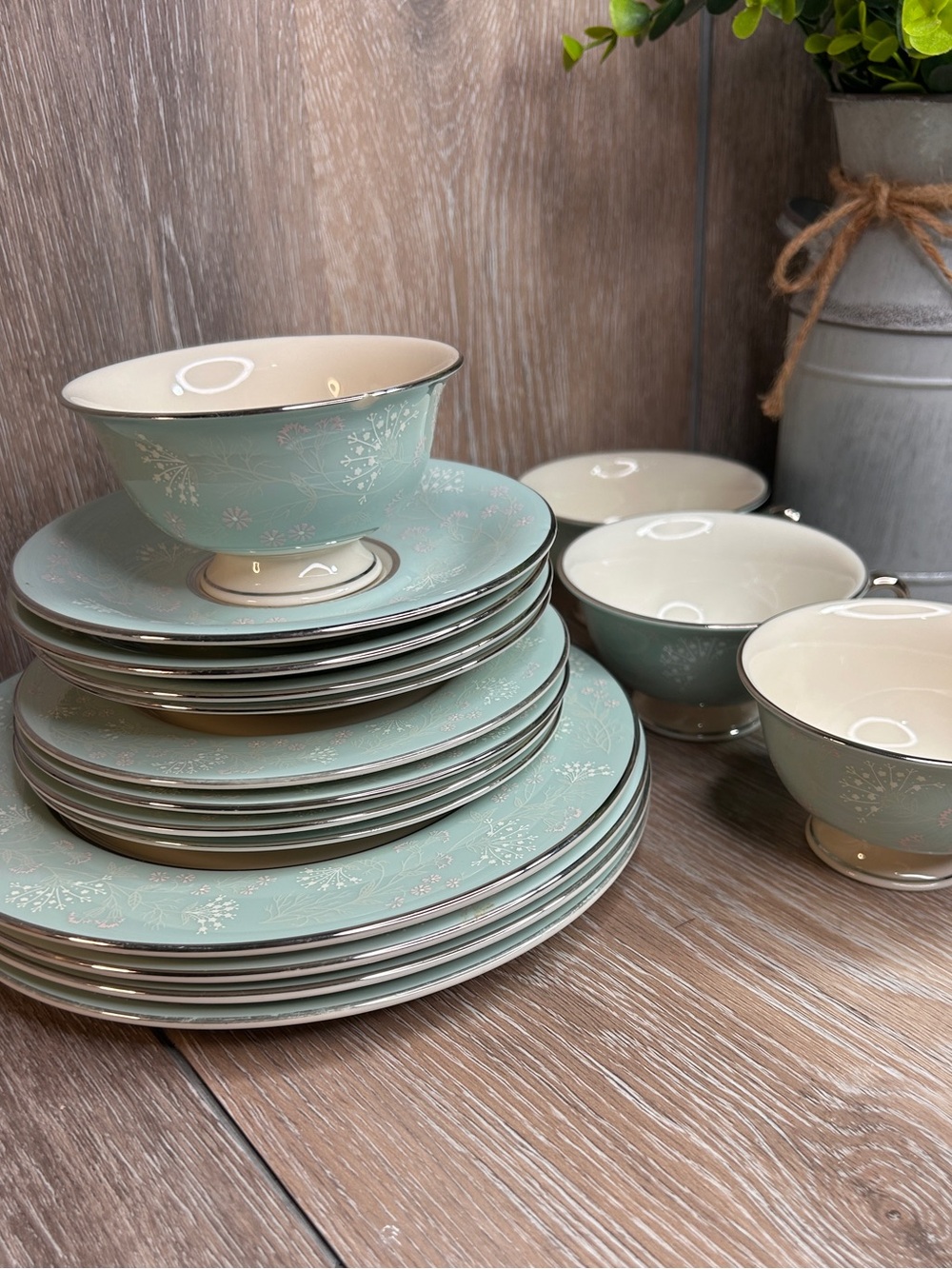Castleton CORSAGE Vintage Set • Plates Cups Saucers • Blue Floral Fine China